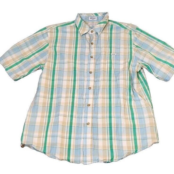 Ecko Unltd Mens XXL‎ Button Up Shirt Short Sleeve Rhino Blue Green Tan Plaid - Picture 1 of 10